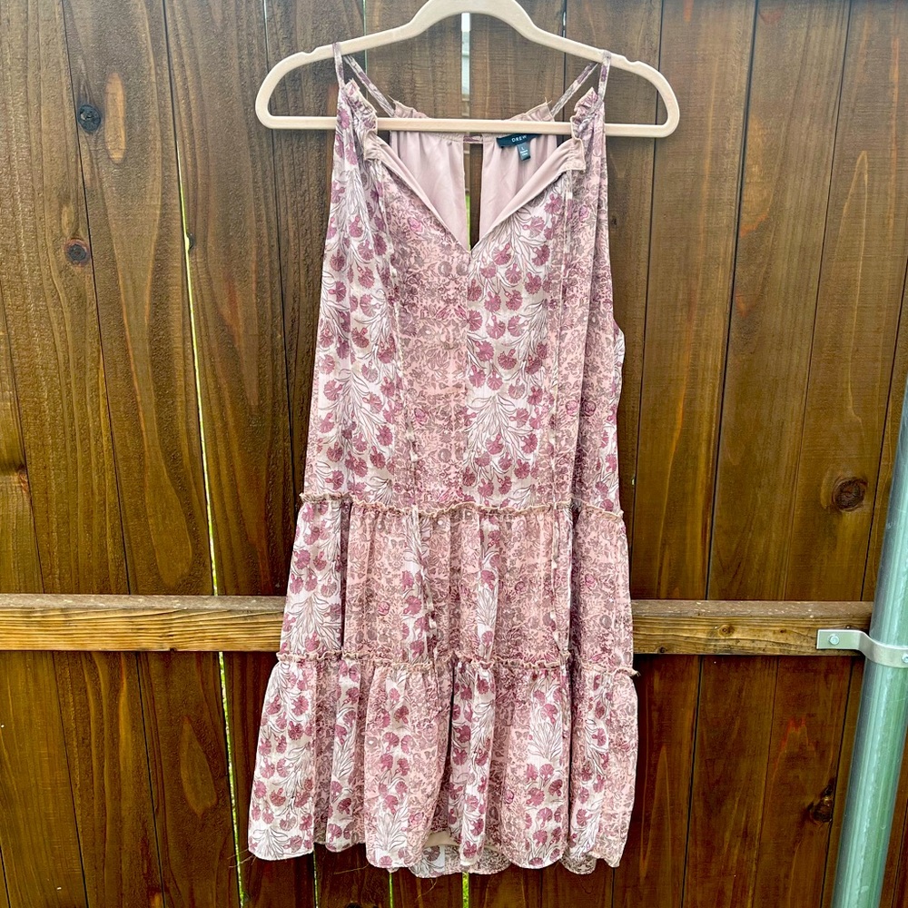 DREW Neutral Pink Tiered Mini Dress with Gold Accents NWT Size L